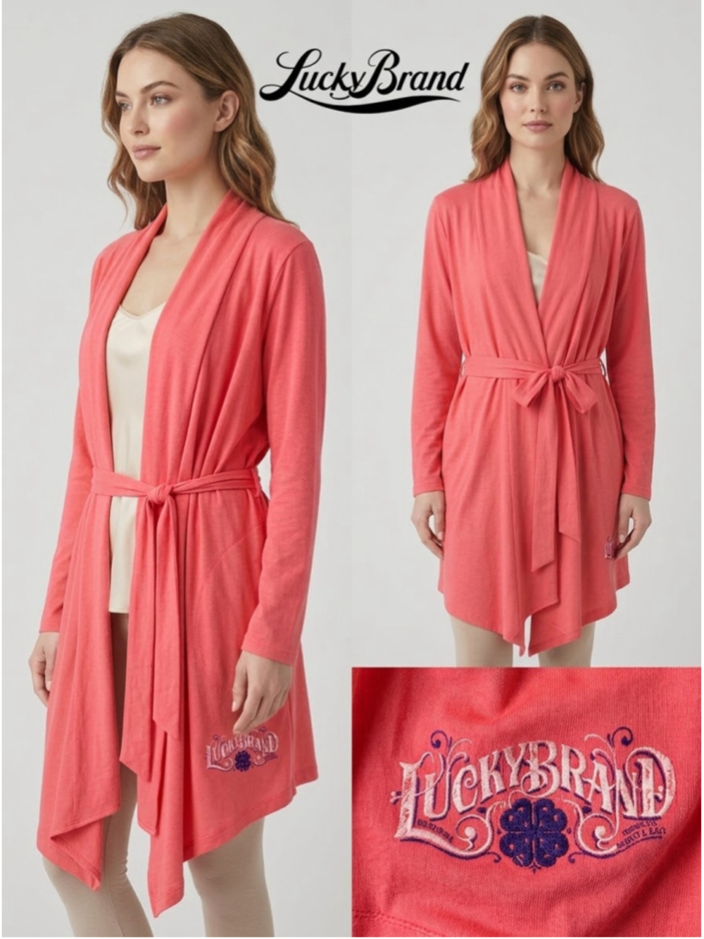Lucky Brand Women’s Y2K Vintage Coral Long Sleeve Cotton Blend Boho Robe XL